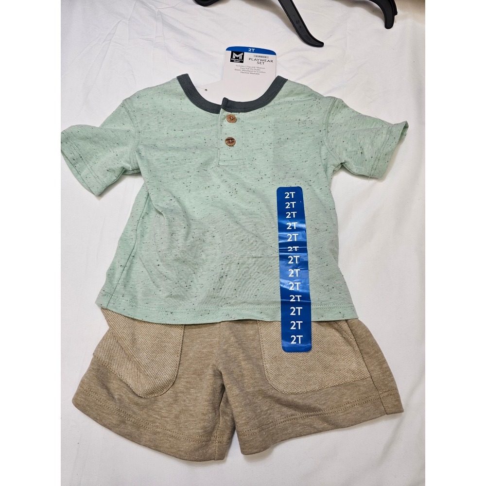 Member's Mark‎ Boys 2T Playwear Set Mint Green Henley Shirt Tan Shorts 2-Piece